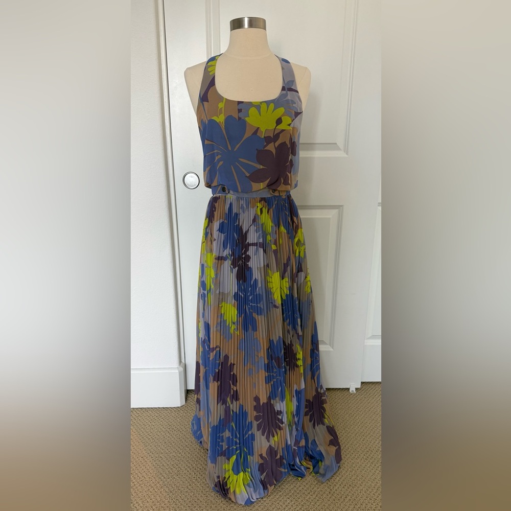 Jessica Simpson Purple, Blue & Green Floral Pleated Maxi Dress